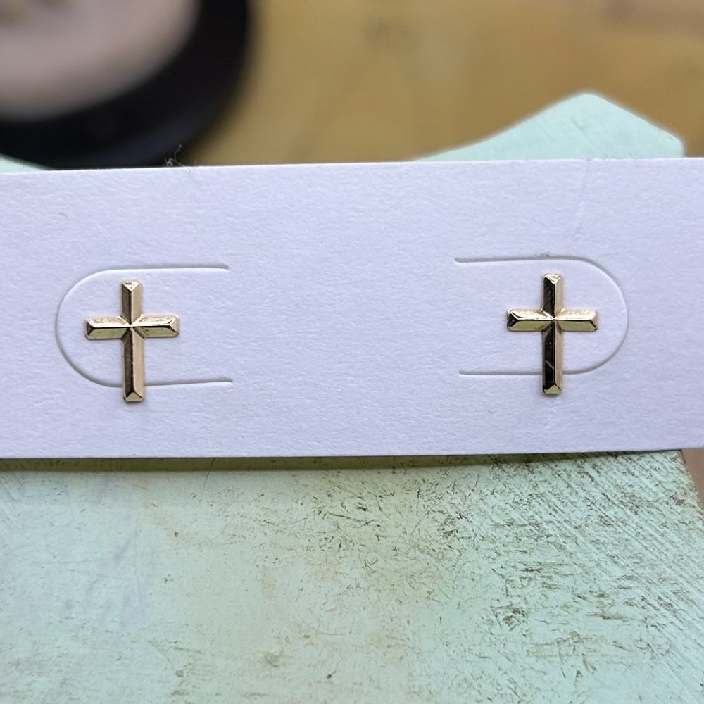 Vintage 14K Yellow Tiny Cross Pierced Stud Earrings - Picture 1 of 7